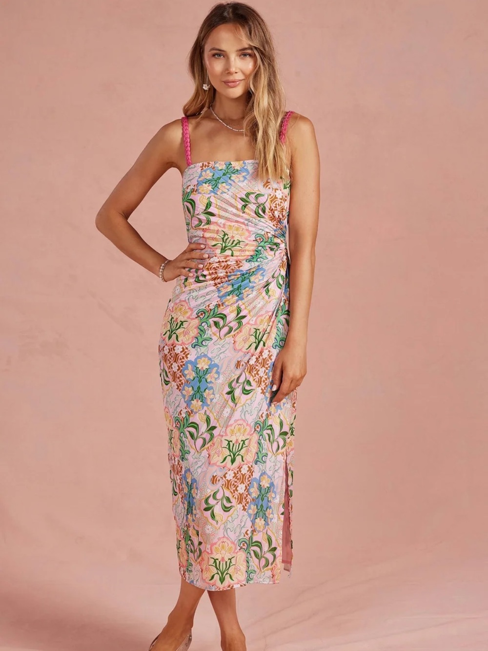 Garden satin dressPink Floral Midi Dress with Braided Straps